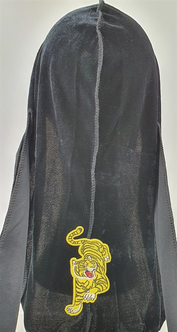 Durag. Black Velvet Extra Long Tail Cap with yellow tiger picture.