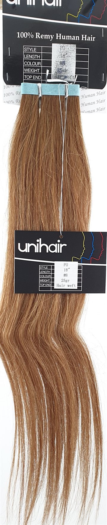 Human Hair - Skin Weft hair (tape on) color 8 -  45 cm. length.)