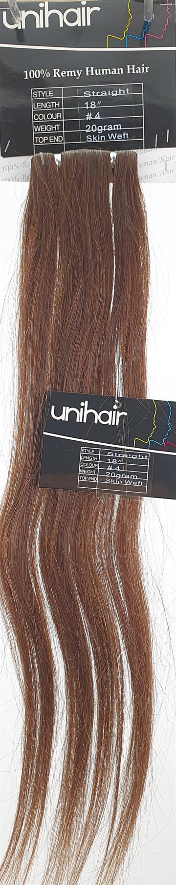 Human Hair - Skin Weft hair, color 4. 18" (45 cm. length.)