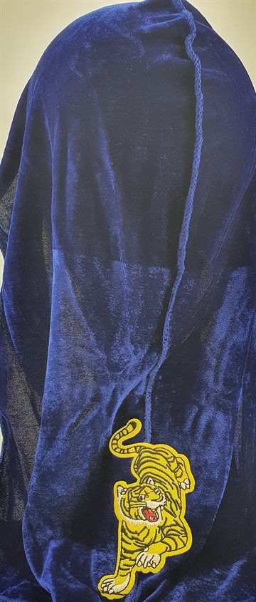 Durag Velvet Extra Long Tail Cap. Dark blue with yellow tiger..